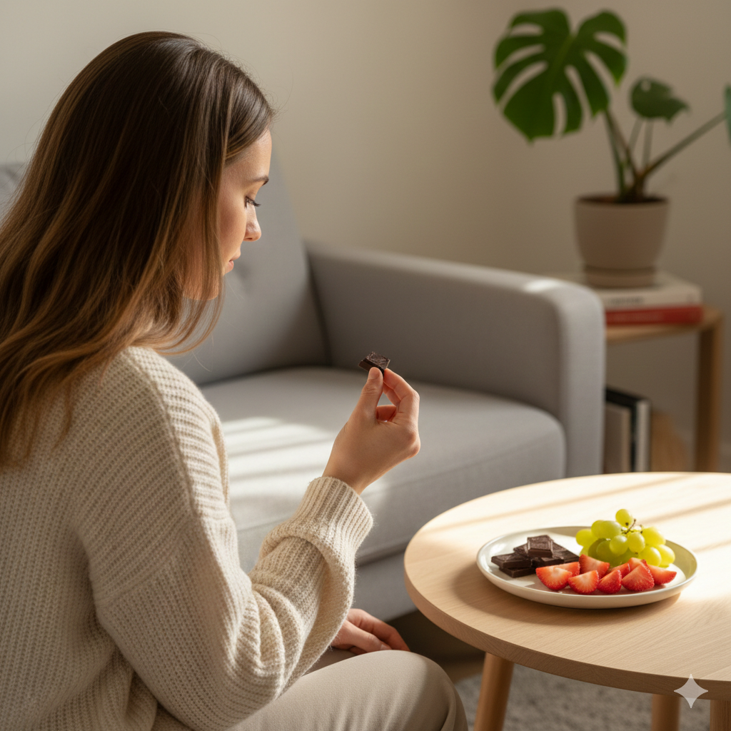 Teller mit einem Stück Obstkuchen im warmen Licht