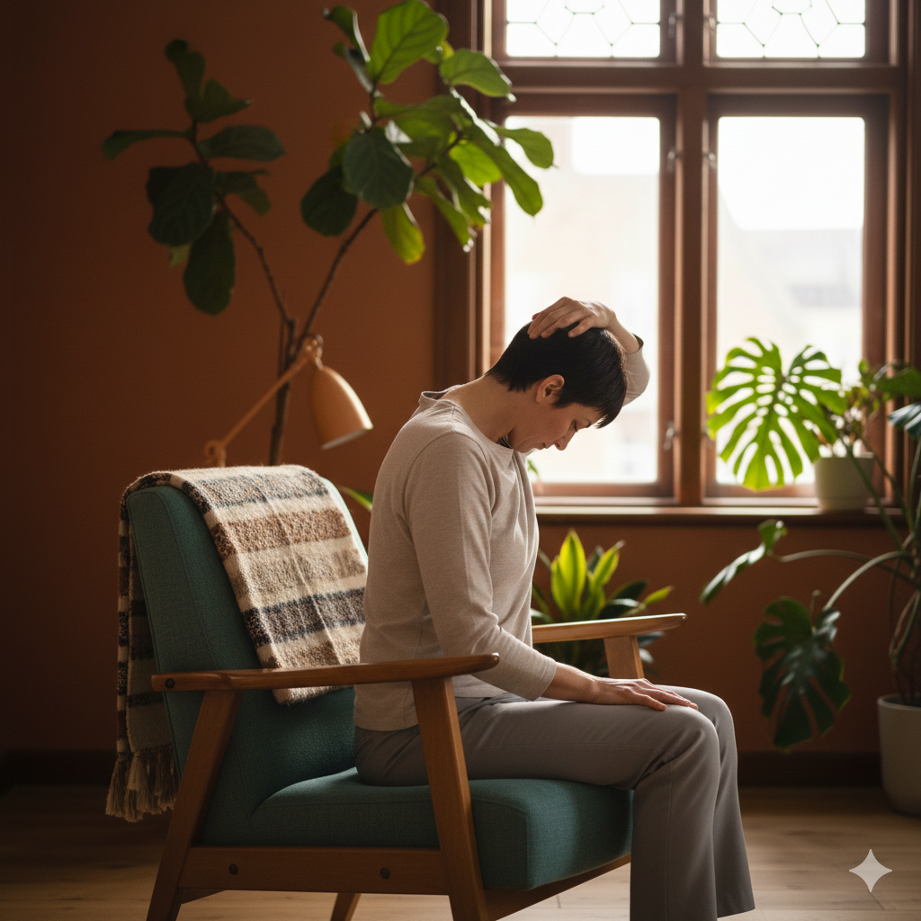 Ruhige Raumszene mit Matte und Decke